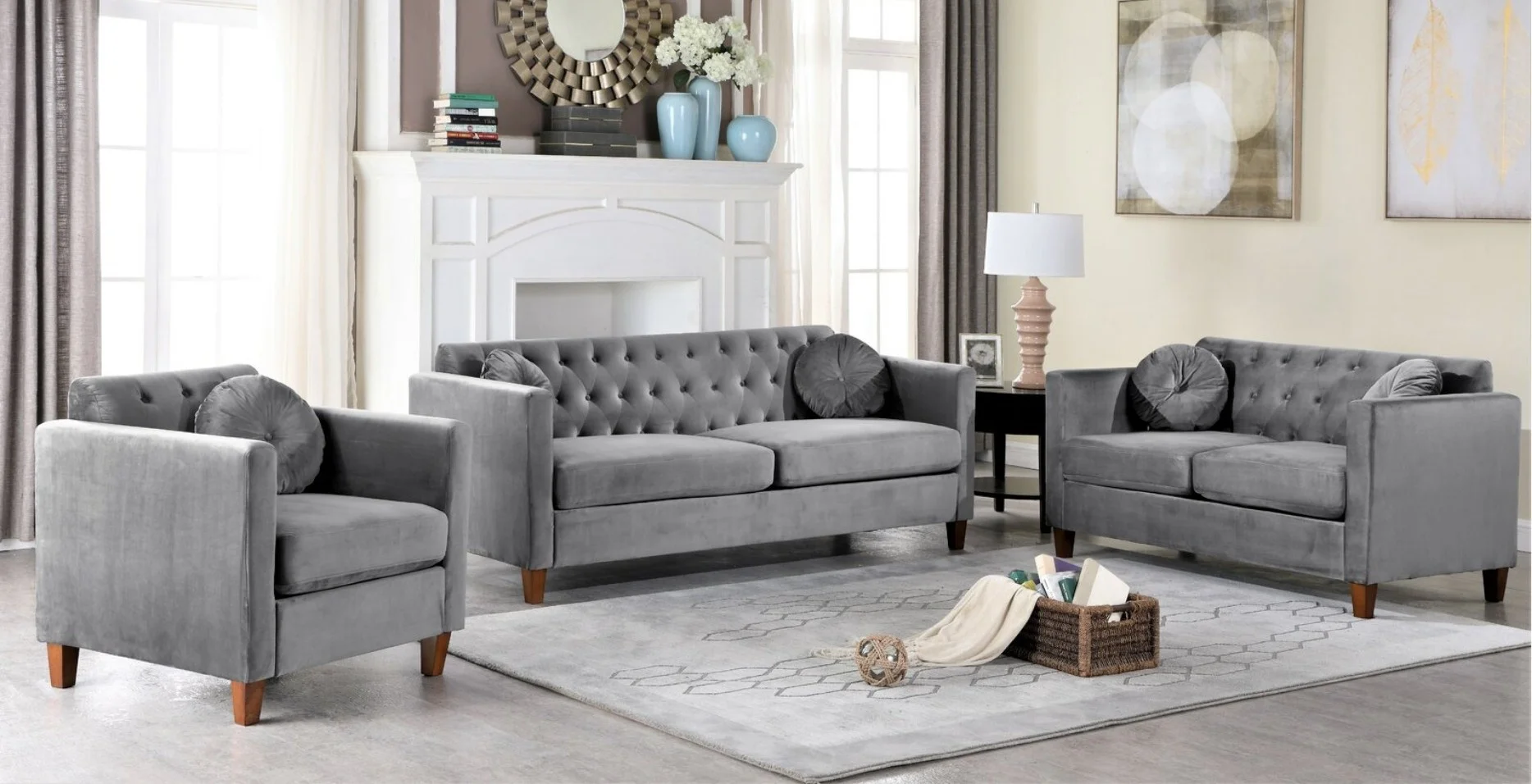 Set 3 unit merangkumi sofa, loveseat, dan kerusi