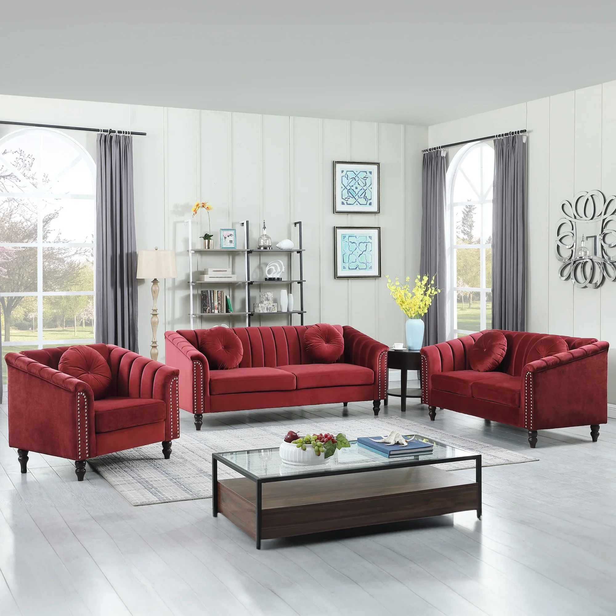 Set 3 unit merangkumi sofa, loveseat, dan kerusi